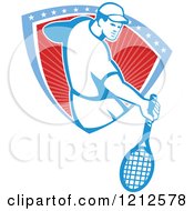 Clipart Of A Retro Male Tennis Player Emerging From A Stars And Stripes Shield Royalty Free Vector Illustration by patrimonio