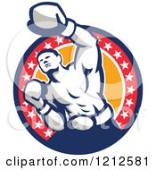Clipart Of A Retro Punching Boxer Over A Circle Of Orange And Stars Royalty Free Vector Illustration