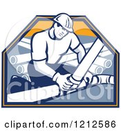 Poster, Art Print Of Retro Builder Connecting Drain Pipes