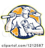 Clipart Of A Retro Drainlayer Man Carrying A Shovel And Pipe Royalty Free Vector Illustration