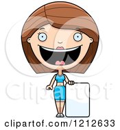 Cartoon Of A Happy Fitness Personal Trainer Woman With A Sign Royalty Free Vector Clipart