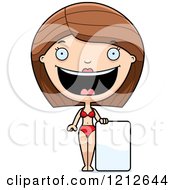 Cartoon Of A Happy Woman In A Bikini Standing By A Sign Royalty Free Vector Clipart by Cory Thoman