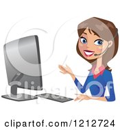Clipart Of A Happy Brunette Business Woman Wearing A Headset At A Computer Royalty Free Vector Illustration by peachidesigns