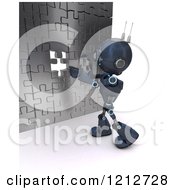 Poster, Art Print Of 3d Blue Android Robot Inserting The Last Piece To A Puzzle Wall