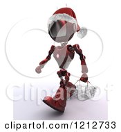 Poster, Art Print Of 3d Red Android Robot Wearing A Santa Hat And Carrying A Shopping Basket