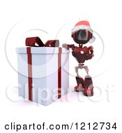 3d Red Android Robot Santa Standing By A Gift Box