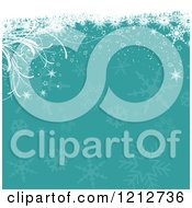 Clipart Of A Christmas Background Of White Grunge Stars And Plants Over Turquoise Snowflakes Royalty Free Vector Illustration