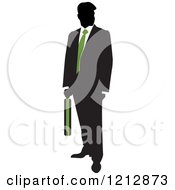 Clipart Of A Silhouetted Businessman With A Green Tie And Briefcase Royalty Free Vector Illustration