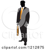 Clipart Of A Silhouetted Businessman With An Orange Tie And Briefcase Royalty Free Vector Illustration