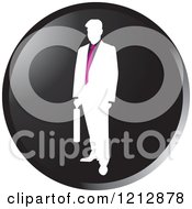 Clipart Of A White Silhouetted Businessman With A Purple Tie In A Black Circle Royalty Free Vector Illustration