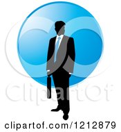 Clipart Of A Silhouetted Businessman With A Blue Tie And Briefcase Over A Circle Royalty Free Vector Illustration