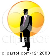 Poster, Art Print Of Silhouetted Businessman With A Purple Tie And Briefcase Over A Circle