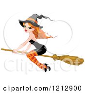 Poster, Art Print Of Sexy Red Haired Halloween Witch In A Black Dress Flying On A Broomstick