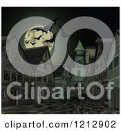 Cartoon Of A Full Moon And Vampire Bats Over A Dark Spooky Halloween Town Royalty Free Vector Clipart by Pushkin