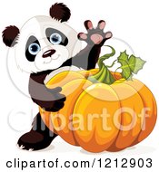 Poster, Art Print Of Cute Panda Waving And Holding An Autumn Pumpkin