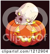 Poster, Art Print Of Human Skull On Top Of A Glowing Halloween Jackolantern Pumpkin