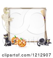 Poster, Art Print Of Halloween Mummy Pointing To A White Board Sign With Pumpkins Black Cats And A Broomstick