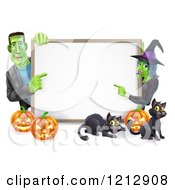 Poster, Art Print Of Happy Witch And Frankenstein Pointing To A White Board Sign Over Pumpkins And Black Cats