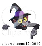 Poster, Art Print Of Happy Black Cat Wearing A Witch Hat And Pointing Down To A Sign
