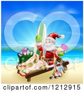 Santa Waving And Holding A Cocktail While Lounging On A Beach With Vacation Items