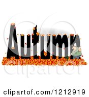 Cartoon Of A Chubby Man Raking Fallen Leaves Around The Word AUTUMN Over Gray Royalty Free Clipart