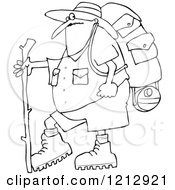 Poster, Art Print Of Outlined Chubby Man In Hiking Gear Holding A Stick