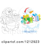 Cartoon Of An Outlined And Colored Snowman Carrying Christmas Presents Royalty Free Vector Clipart