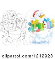 Poster, Art Print Of Outlined And Colored Snowman Carrying Christmas Presents