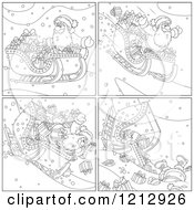 Cartoon Of Outlined Scenes Of Santa Crashing A Sleigh Full Of Gifts Royalty Free Vector Clipart