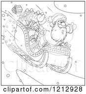 Cartoon Of An Outlined Scene Of Santa Riding Downhill In A Sleigh Full Of Gifts Royalty Free Vector Clipart