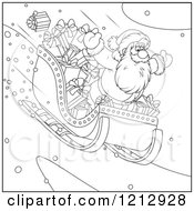 Poster, Art Print Of Outlined Scene Of Santa Riding Downhill In A Sleigh Full Of Gifts