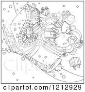 Cartoon Of An Outlined Scene Of Santa About To Crash In A Sleigh Full Of Gifts Royalty Free Vector Clipart