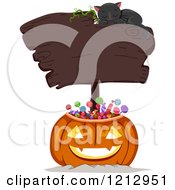 Poster, Art Print Of Halloween Jackolantern Pumpkin Full Of Candy With A Blank Sign And Sleeping Cat