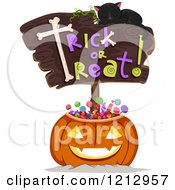 Poster, Art Print Of Sleeping Cat On A Trick Or Treat Sign Over A Pumpkin Filled With Halloween Candy