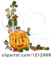 Poster, Art Print Of Carved Halloween Jackolantern Pumpkin With Autumn Leaves
