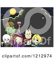 Poster, Art Print Of Kids In Halloween Costumes Toasting At A Party Over A Spider And Full Moon