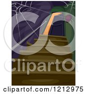 Poster, Art Print Of Spider Weaving A Web Over A Creepy Staircase And Open Door