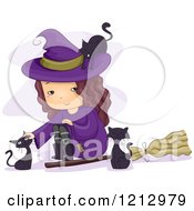 Poster, Art Print Of Little Witch Girl Sitting By A Broomstick And Petting Black Cats