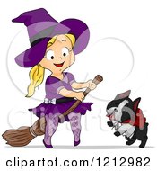 Poster, Art Print Of Happy Blond Girl In A Halloween Witch Costume On A Broomstick By Her Dog