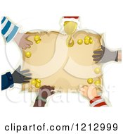 Clipart Of Diverse And Hook Hands Holding Down A Blank Treasure Map Royalty Free Vector Illustration