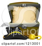 Clipart Of A Parchment Scroll In A Treasure Chest With A Pirate Hook And Hat Royalty Free Vector Illustration