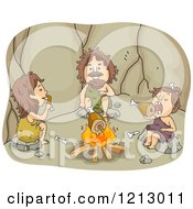 Poster, Art Print Of Caveman Family Eating Meat Around A Fire