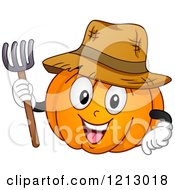 Happy Pumpkin Wearing A Straw Hat And Holding A Pitchfork