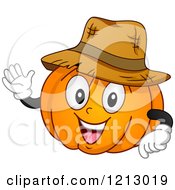 Happy Pumpkin Wearing A Straw Hat And Waving