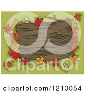 Poster, Art Print Of Blank Wooden Sign With Autumn Leaves Over Green