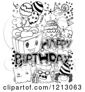 Clipart Of Black And White Happy Birthday Party Doodles Royalty Free Vector Illustration