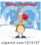 Cartoon Of A Reindeer Wanting A Hug Under Merry Christmas Text Royalty Free Vector Clipart