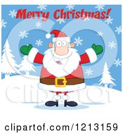 Poster, Art Print Of Jolly Santa Holding His Arms Wide Under Merry Christmas Text In The Snow