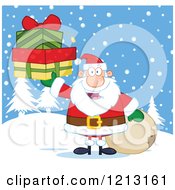 Cartoon Of A Jolly Santa Holding Christmas Gifts By A Sack In The Snow Royalty Free Vector Clipart