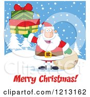 Poster, Art Print Of Jolly Santa Holding Christmas Gifts By A Sack Over A Merry Christmas Greeting